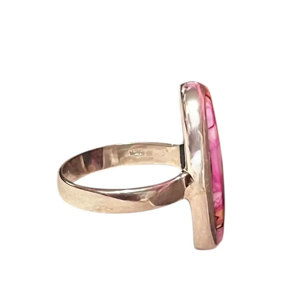 Oval Pink Dahlia Blue Turquoise Copper Sterling Silver Ring Size 7